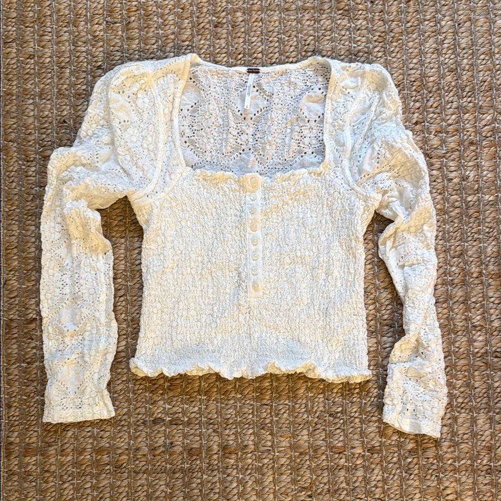 Free People Cream Lace Long Sleeve Smocked Henley Top